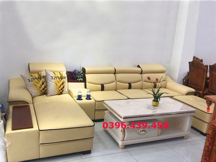ghế sofa da nhập khẩu giá rẻ màu vàng tranh góc L có sẵn giường nằm sd0167