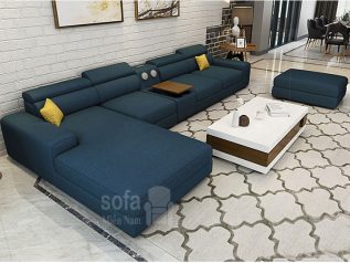 ghế sofa vải nỉ màu xanh dương trang nhã góc chữ L nhiều chỗ ngồi có giường nằm và khay đồ tiện lợi SV037
