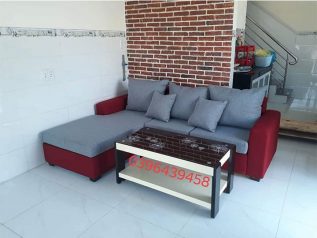 Ghế sofa vải nỉ màu xám phối đỏ góc L hiện đại được ưa chuộng có giường nằm êm ái rộng rãi thoải mái SV038