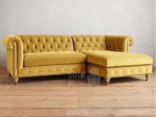 Băng ghế sofa vải nhung màu vàng tân cổ điển rút múi cầu kì xinh xắn SV039