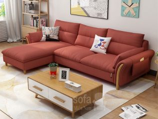 Ghế sofa vải nỉ màu đỏ góc L hiện đại tay viền gỗ có giường nằm êm ái rộng rãi thoải mái SV040