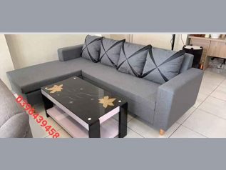 Ghế sofa vải nỉ màu xám góc L hiện đại gối ôm phối viền đẹp, giường nằm êm ái rộng rãi thoải mái SV051