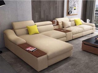 Ghế sofa vải nỉ giá rẻ góc L hiện đại có khay đồ và giường nằm êm ái rộng rãi thoải mái SV052
