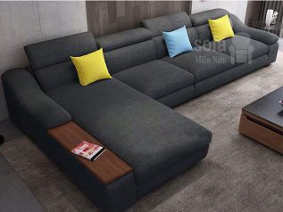 Ghế sofa vải nỉ màu xám giá rẻ góc L hiện đại có khay đồ và giường nằm êm ái rộng rãi thoải mái SV052
