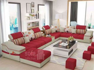 Ghế sofa vải nỉ giá rẻ màu đỏ tuyệt đẹp góc chữ U bề thế nhiều chỗ ngồi có khay đồ tiện lợi khi sử dụng tối ưu diện tích SV145